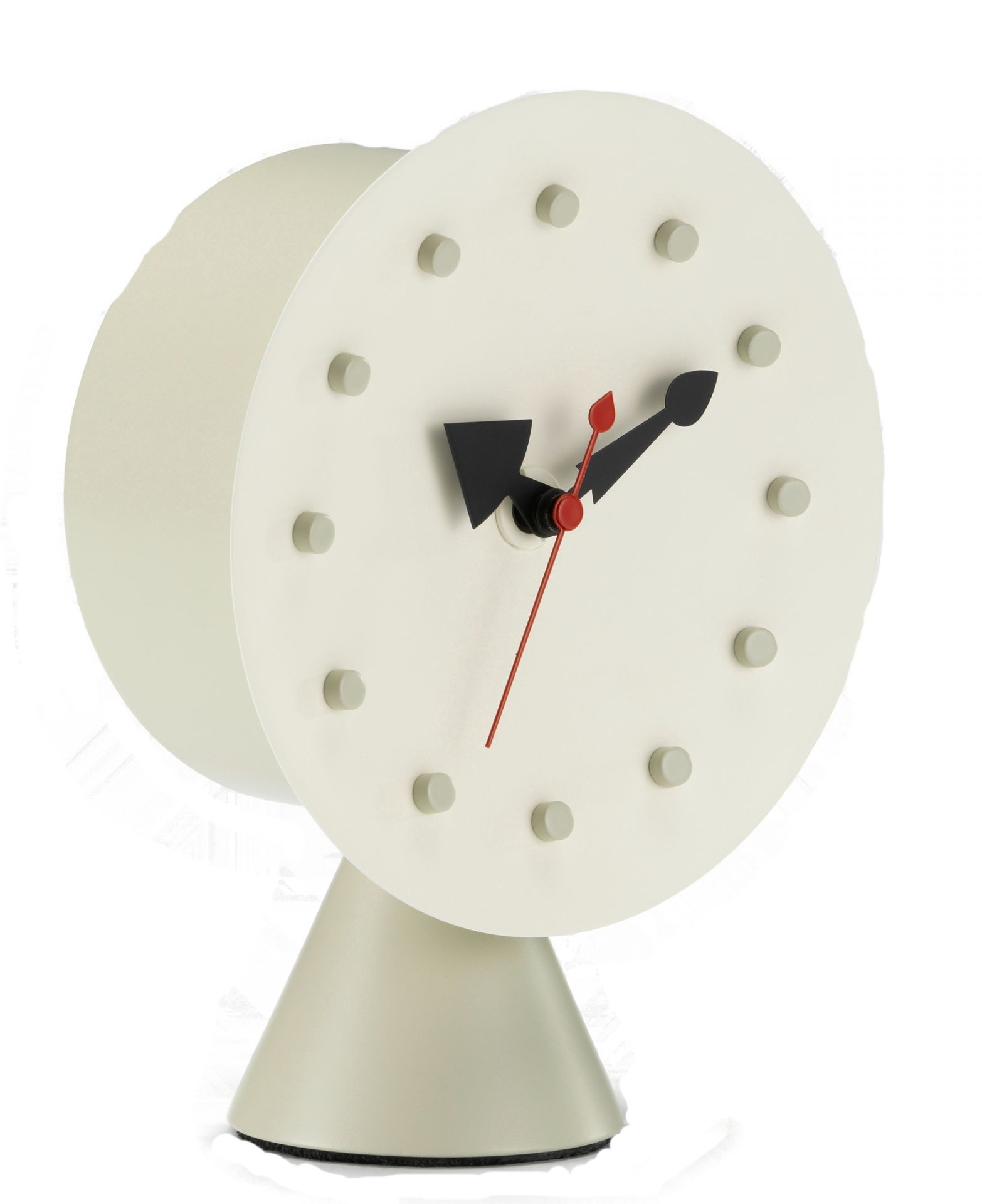 Helle Tischuhr mit Kegelbasis, Designklassiker. Vitra Tischuhr für den Schreibtisch oder Nachttisch.